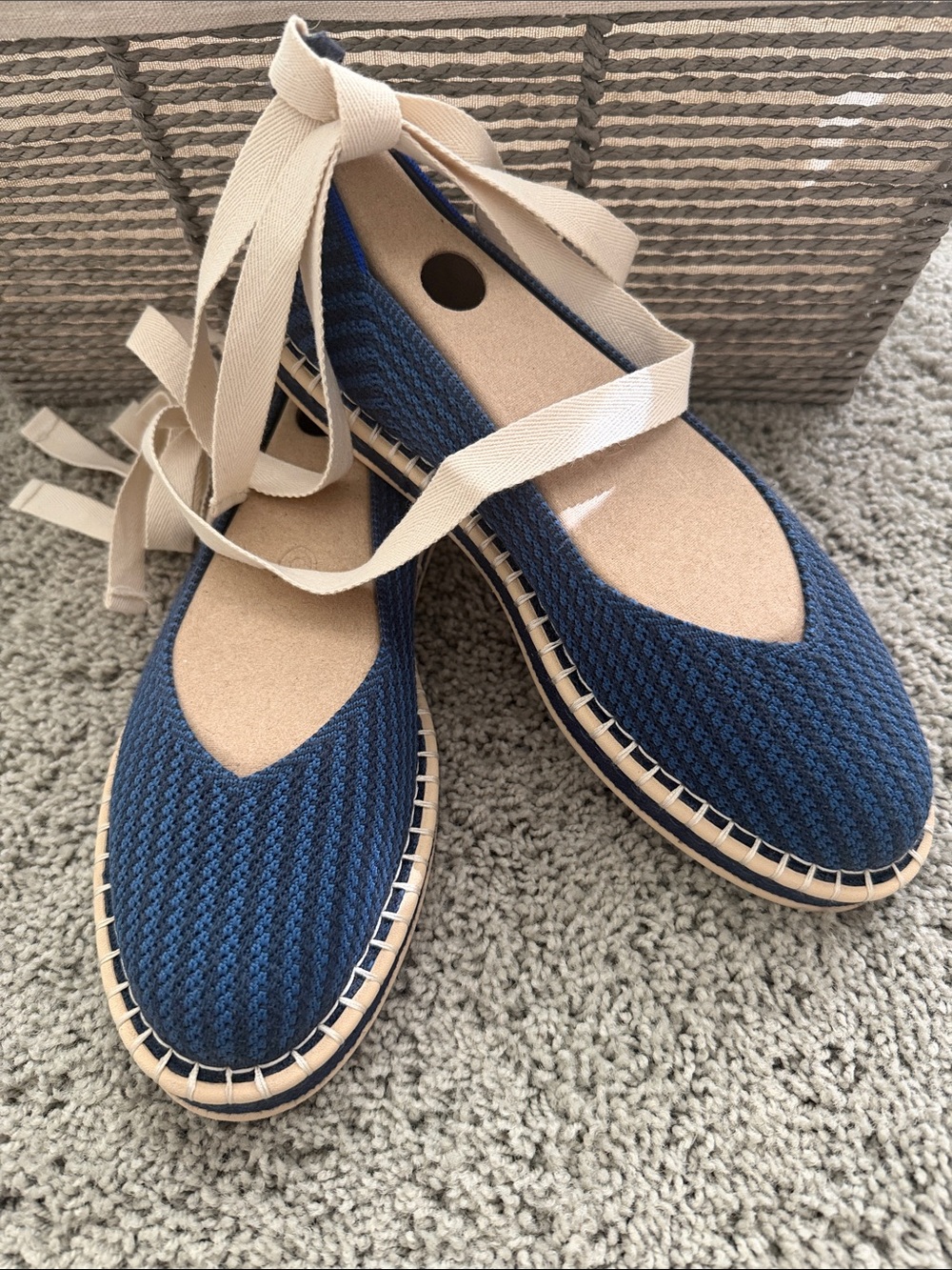 Rothy's Navy Knit Espadrille Flats with Cream Ankle Ties